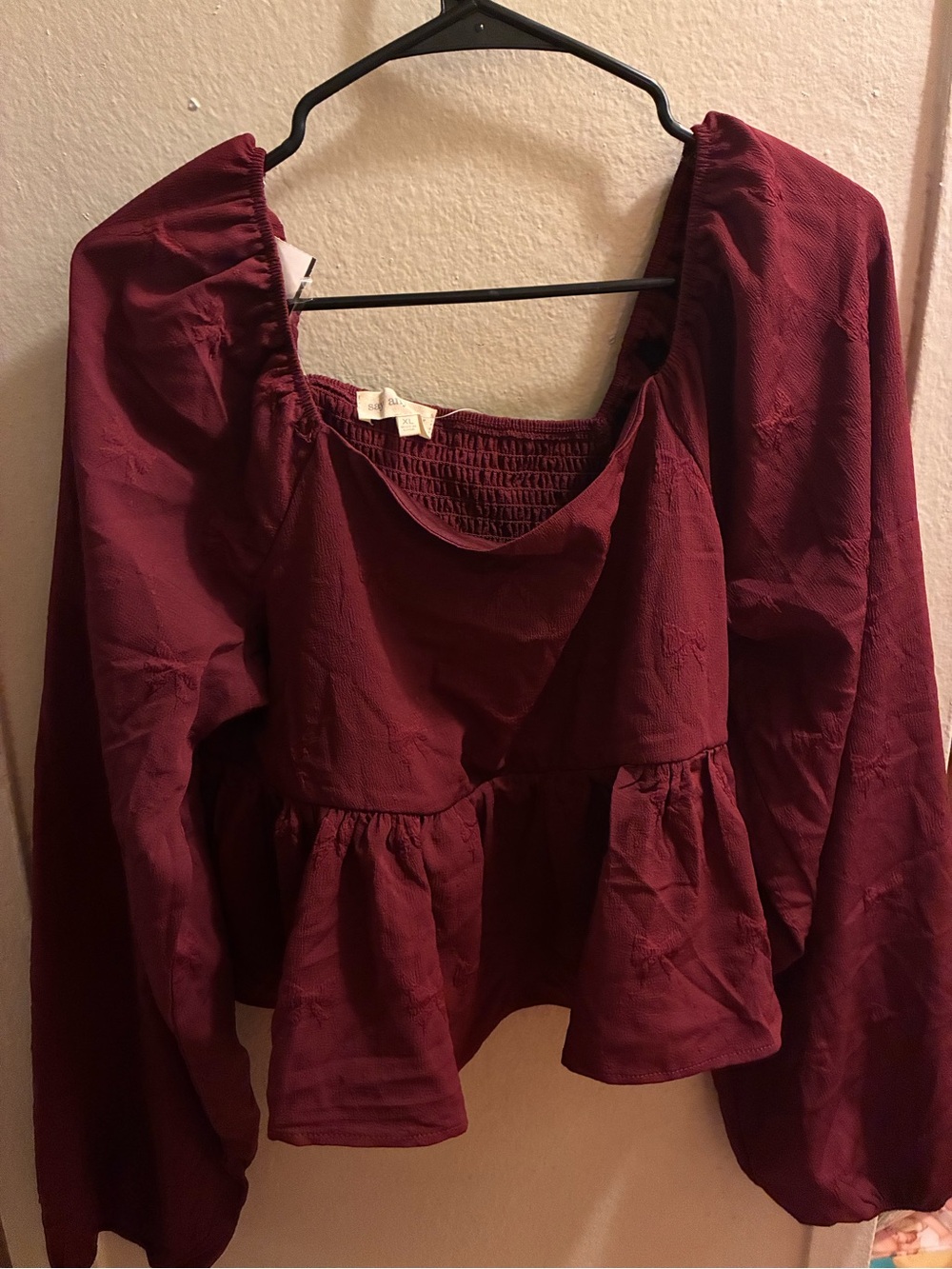 Women's Burgundy Peplum w/ Bow design-Puff Sleeve Crop Top